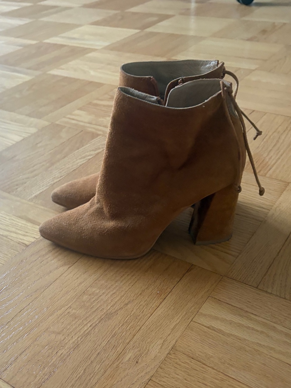 Stuart Weitzman Tan Suede Pointed-Toe Block Heel Ankle Boots